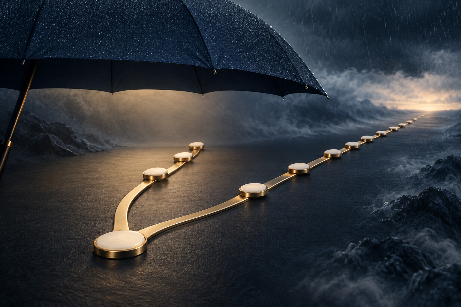 Short- and long-term paths protected by a navy umbrella amid uncertain conditions
