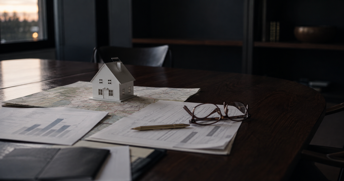 Housing model, regional map, and mortgage market documents arranged on a conference table
